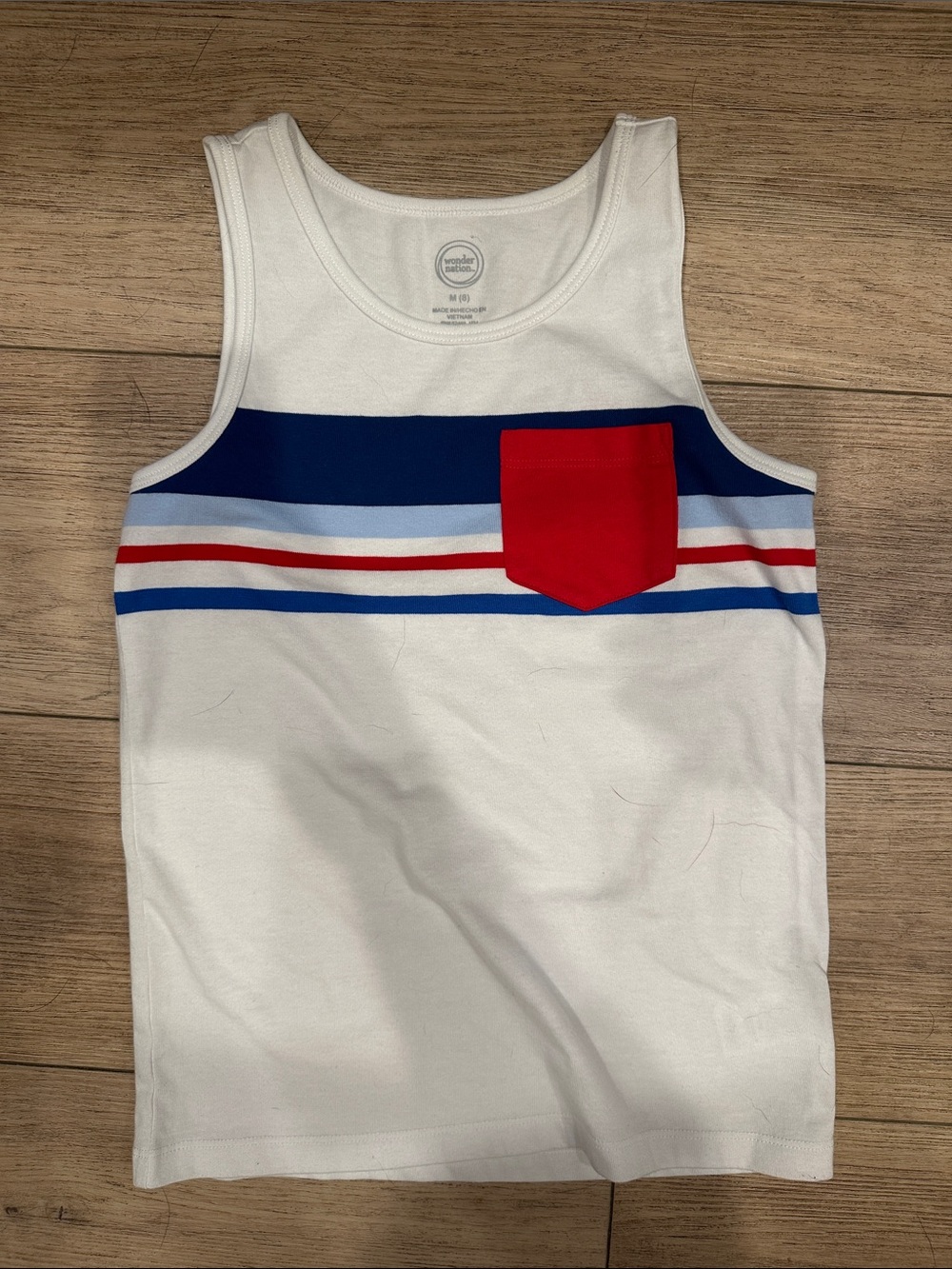 wonder nation White Tee with Blue Stripe and Red Pocket